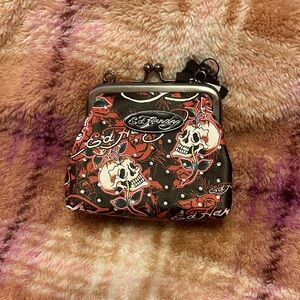 Ed Hardy Black Red and Cream Skull Kiss-Lock Coin Crossbody Purse